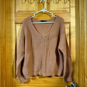 V-Neck Chunky Knit Women's Sweater - Brown
